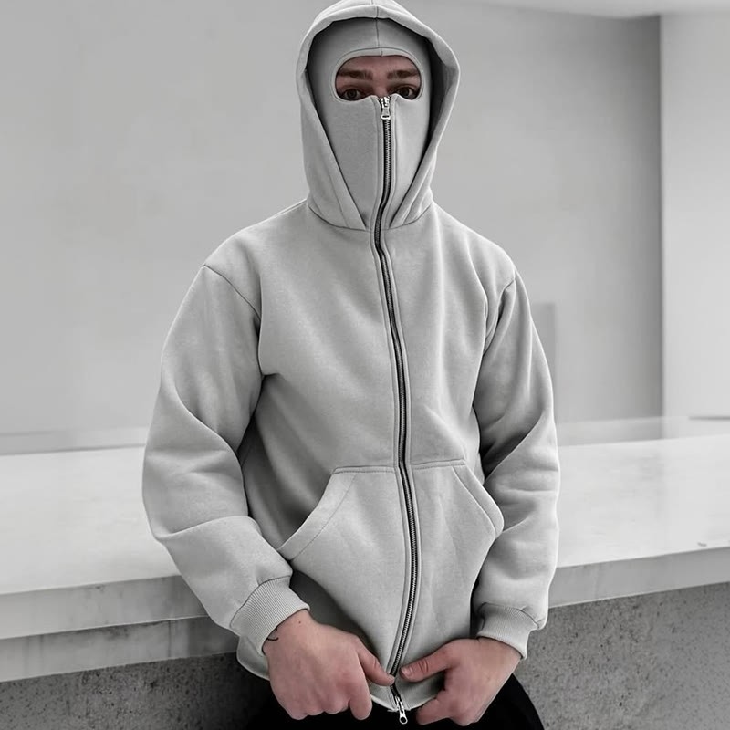 Unisex Solid Color Zipper Double Layer Hat Hoodie - Light Gray - US20-22(3XL) - image 3