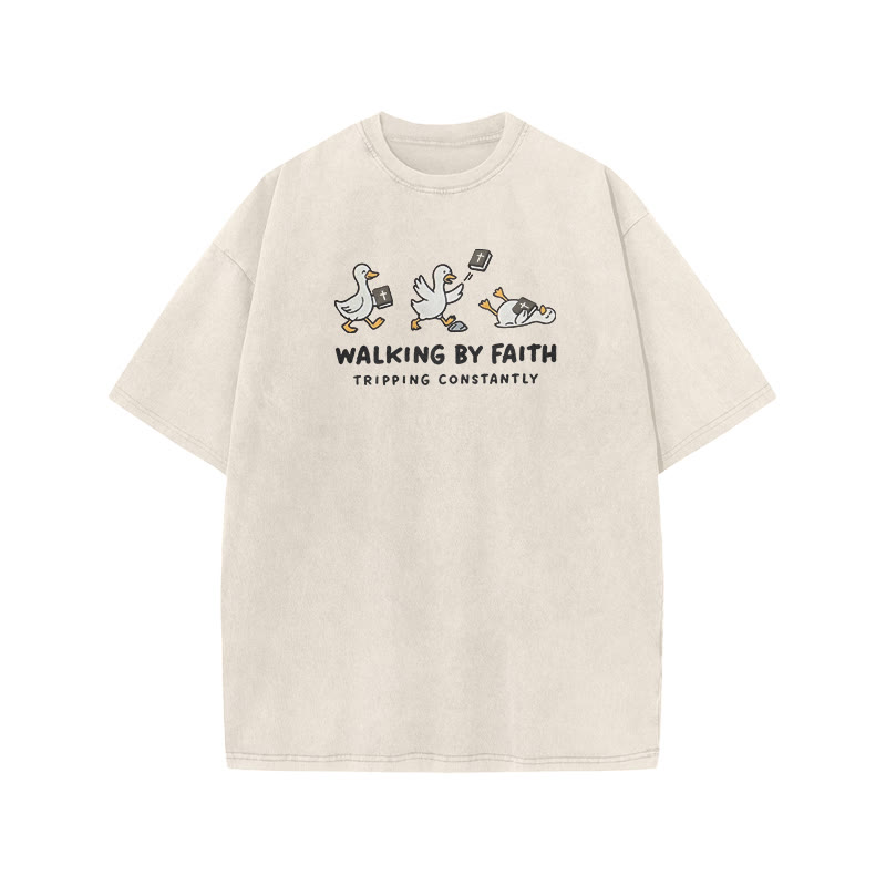 Unisex Walking By Faith Tripping Constantly Bible Print Acid Washed T-shirt - Beige - US20-22(3XL) - image 3