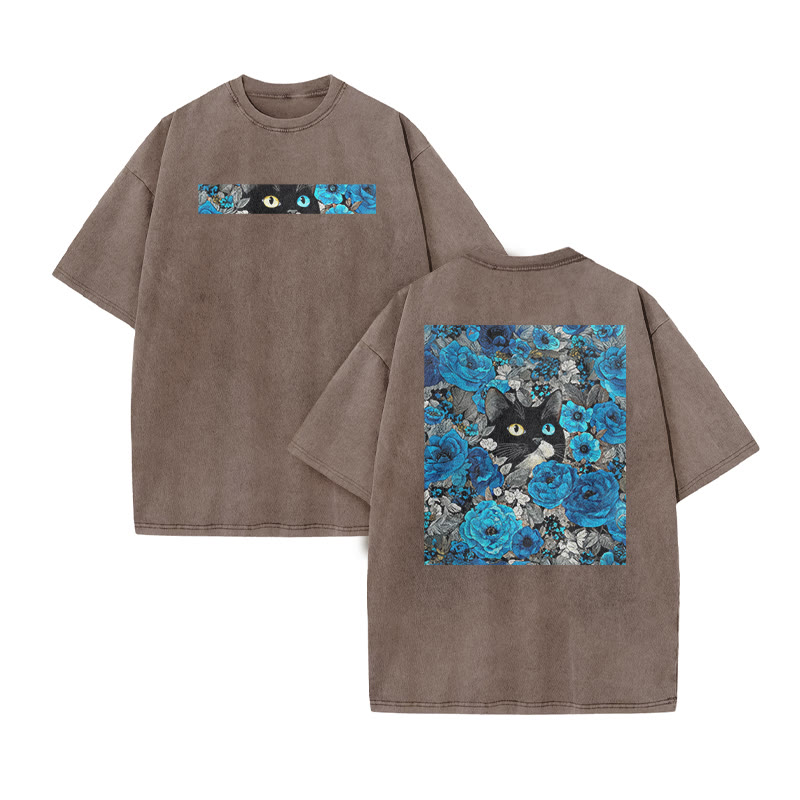 A Black Cat In A Field Of Blue Flowers Print Acid Washed T-shirt - Coffee - US20-22(3XL) - image 5