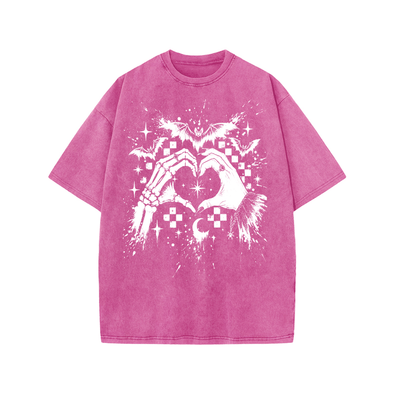 Gothic Heart Hands Round Neck Graphic Print Acid Washed T-Shirt - Pink - US20-22(3XL) - image 5