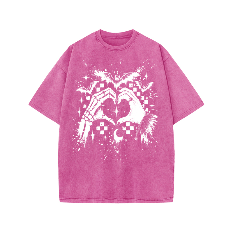 Gothic Heart Hands Round Neck Graphic Print Acid Washed T-Shirt - Pink - US20-22(3XL) - image 5