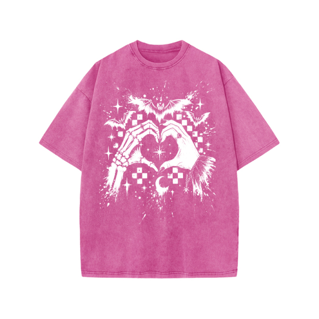 Gothic Heart Hands Round Neck Graphic Print Acid Washed T-Shirt - Pink - US20-22(3XL) - image 5