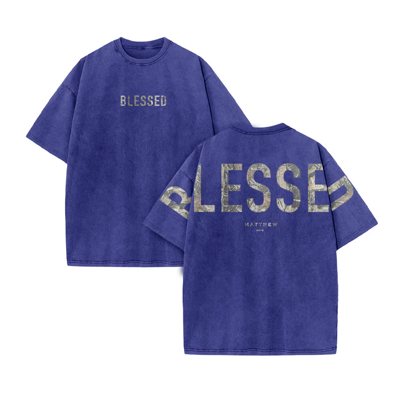 Blessed Matthew 5:3-12 Dead Leaves Camouflage Print Acid Washed T-shirt - Blue - US20-22(3XL) - image 9