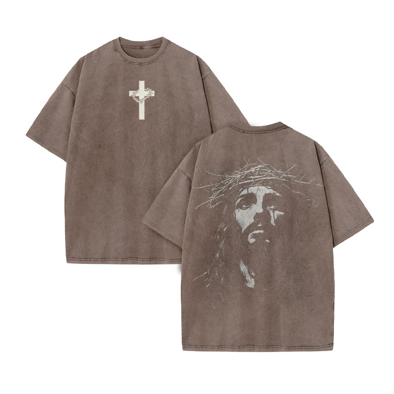 Unisex Jesus Face Print Acid Washed T-shirt - Coffee - US20-22(3XL) - image 7