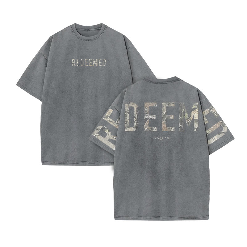Redeemed Galatians 2:20 Dead Leaves Camouflage Print Acid Washed T-shirt - Grey - US20-22(3XL) - image 5