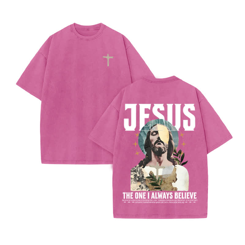 Unisex 100% Cotton Always Believe Jesus Print Acid Washed T-shirt - Pink - US20-22(3XL) - image 8