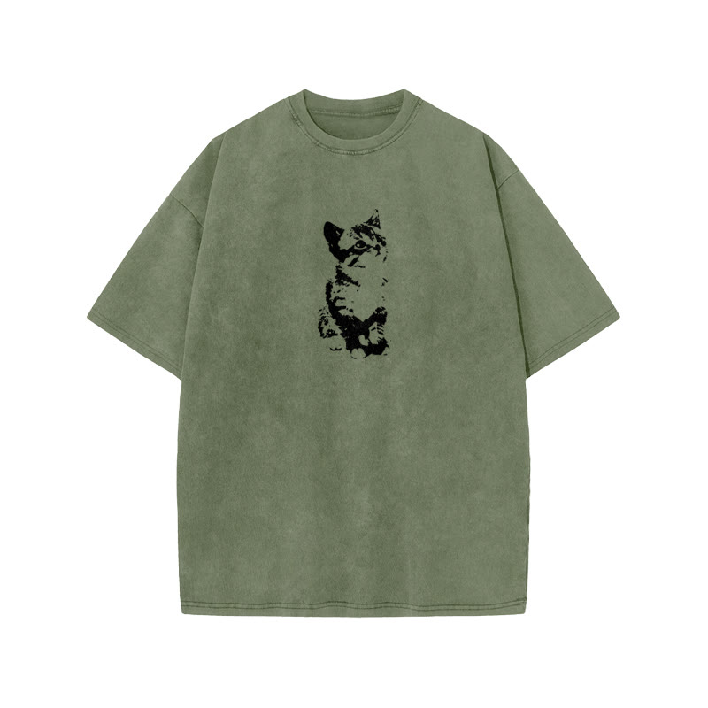 Unisex 100% Cotton Cute Cat Print Acid Washed T-shirt - Army Green - US20-22(3XL) - image 5