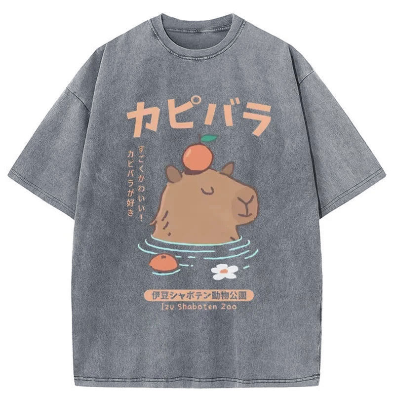 Unisex 100% Cotton Capybara Soaking In Hot Springs Print Acid Washed T-shirt