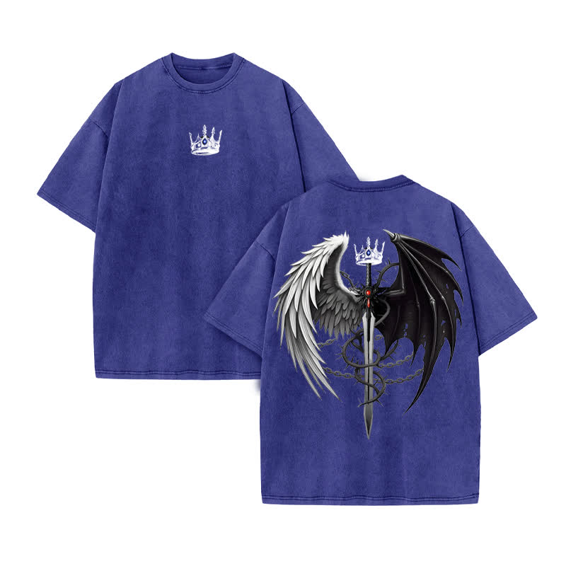 Unisex Angel And Devil Wings Design Print Acid Washed T-shirt - Blue - US20-22(3XL) - image 10