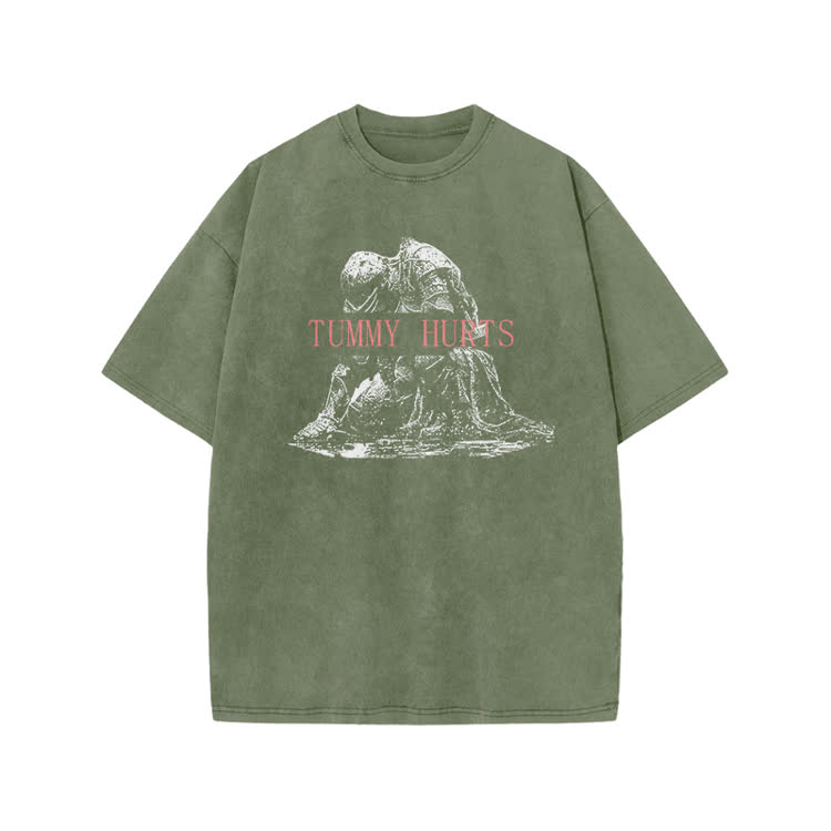 Tummy Hurts Print Acid Washed T-shirt - Army Green - US20-22(3XL) - image 5