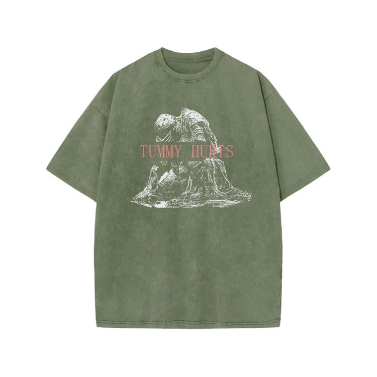 Tummy Hurts Print Acid Washed T-shirt - Army Green - US20-22(3XL) - image 5
