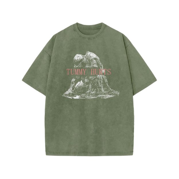 Tummy Hurts Print Acid Washed T-shirt - Army Green - US20-22(3XL) - image 5