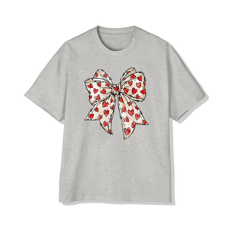 Heart-patterned Bow Valentine's Day Print T-shirt - Grey - 8XL - image 5