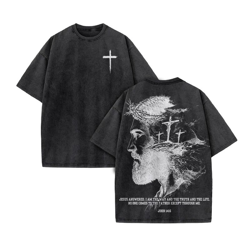 Jesus Answered, I Am The Way And The Truth And The Life Print Acid Washed T-shirt - Black - US20-22(3XL) - image 5