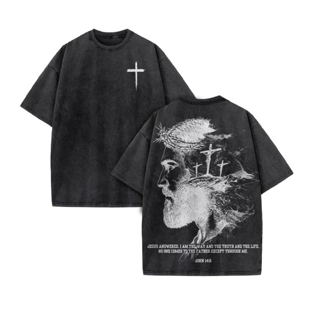 Jesus Answered, I Am The Way And The Truth And The Life Print Acid Washed T-shirt - Black - US20-22(3XL) - image 5