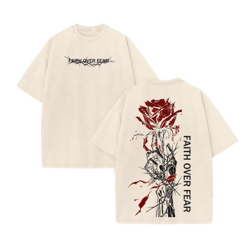 Unisex 100% Cotton Faith Over Fear Print Acid Washed T-shirt - Beige - US20-22(3XL) - image 3