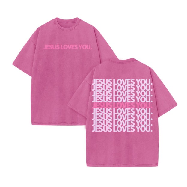 Jesus Loves You Color-blocking Print Acid Washed T-shirt - Pink - US20-22(3XL) - image 6