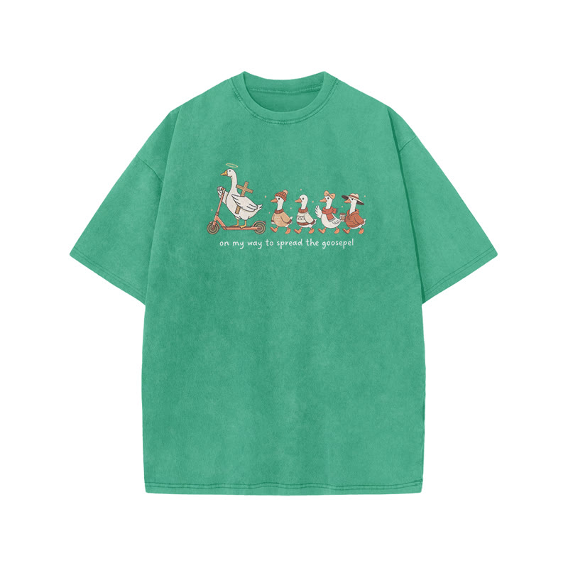 Unisex On My Way To Spread The Goosepel Print Acid Washed T-shirt - Green - US20-22(3XL) - image 5