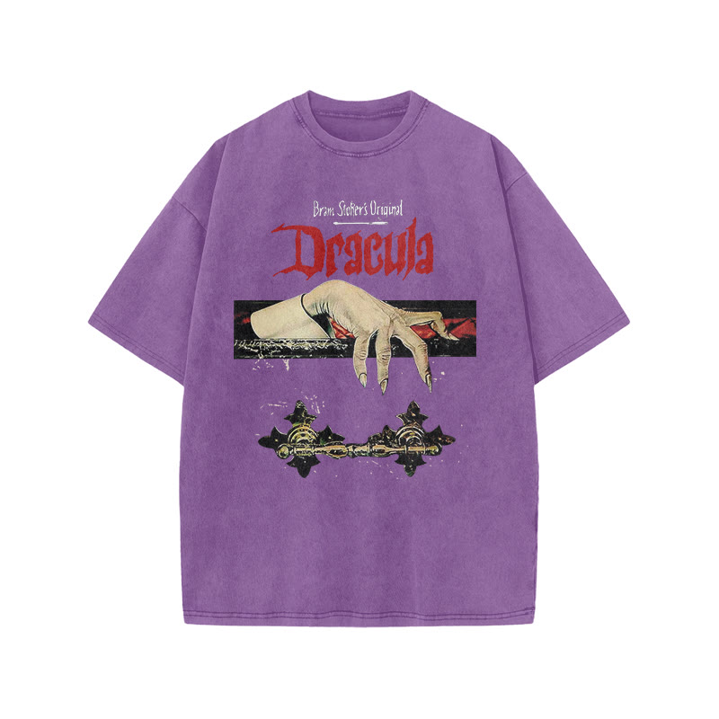 Unisex 100% Cotton Dracula Hand Print Acid Washed T-shirt - Purple - US20-22(3XL) - image 4
