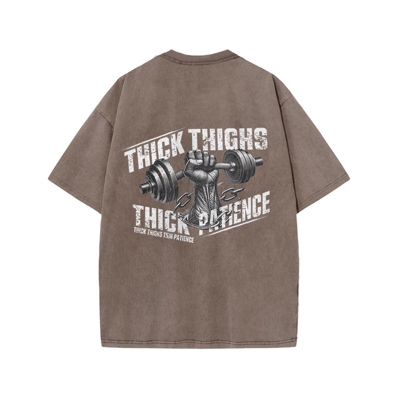 100% Cotton Thick Thighs Thick Patience Gym Print Acid Washed T-shirt - Coffee - US20-22(3XL) - image 4