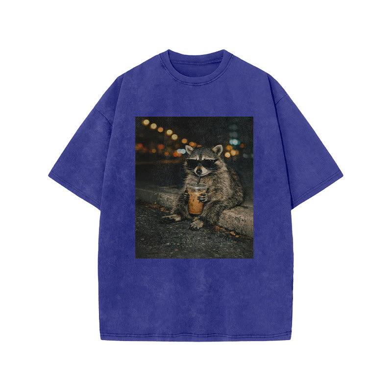 Raccoon Wearing Sunglasses Drinking Coffee Funny Print Acid Washed T-shirt - Blue - US20-22(3XL) - image 7