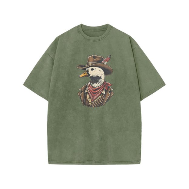 Vintage Western Duck Graphic Print Acid Washed T-shirt - Army Green - US20-22(3XL) - image 4