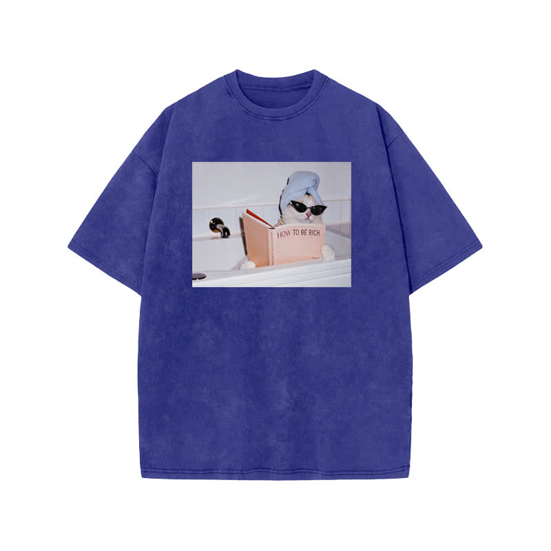 Unisex 100% Cotton How To Be Rich Print Acid Washed T-shirt - Blue - US20-22(3XL) - image 8