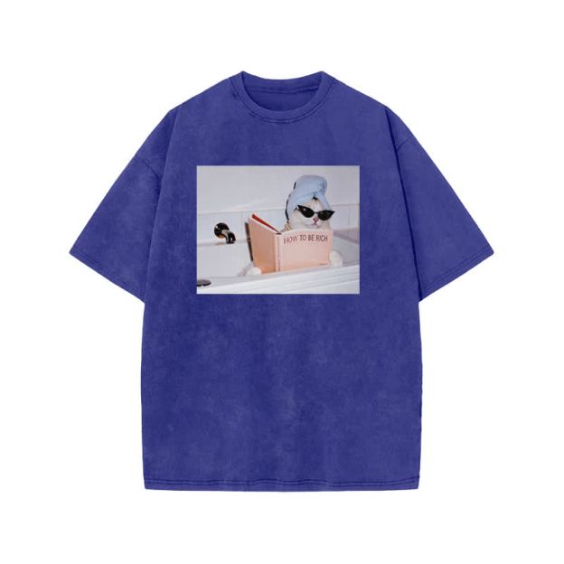 Unisex 100% Cotton How To Be Rich Print Acid Washed T-shirt - Blue - US20-22(3XL) - image 8