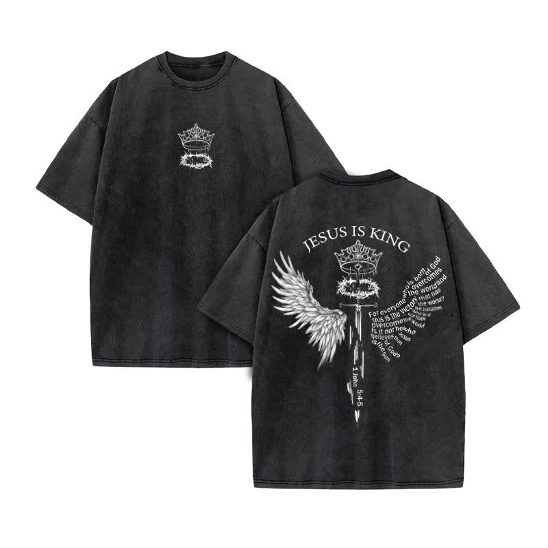 Unisex 100% Cotton Jesus Is King Scripture Wings Print Acid Washed T-shirt - Black - US20-22(3XL) - image 3