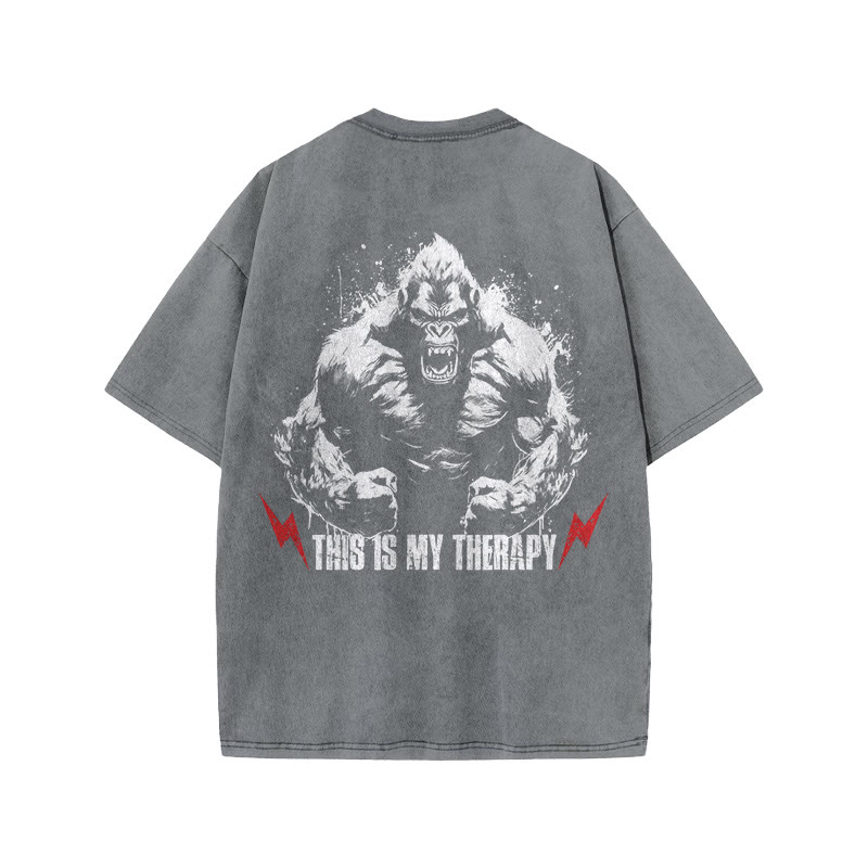 100% Cotton This Is My Therapy Gym Print Acid Washed T-shirt - Grey - US20-22(3XL) - image 6