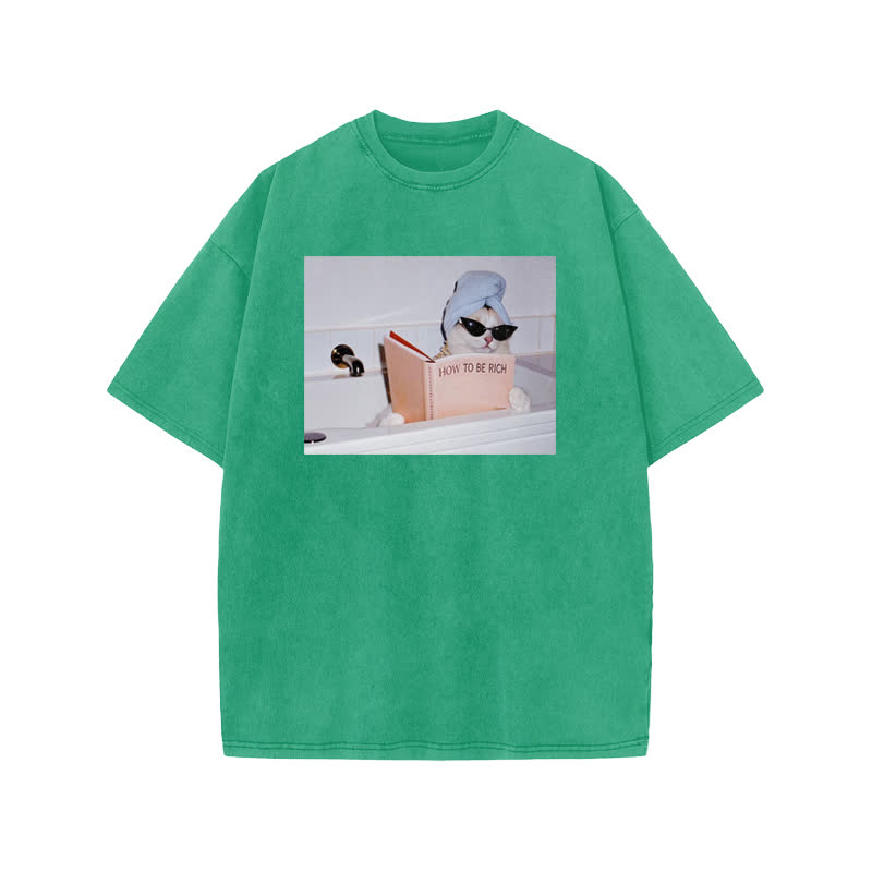 Unisex 100% Cotton How To Be Rich Print Acid Washed T-shirt - Green - US20-22(3XL) - image 6