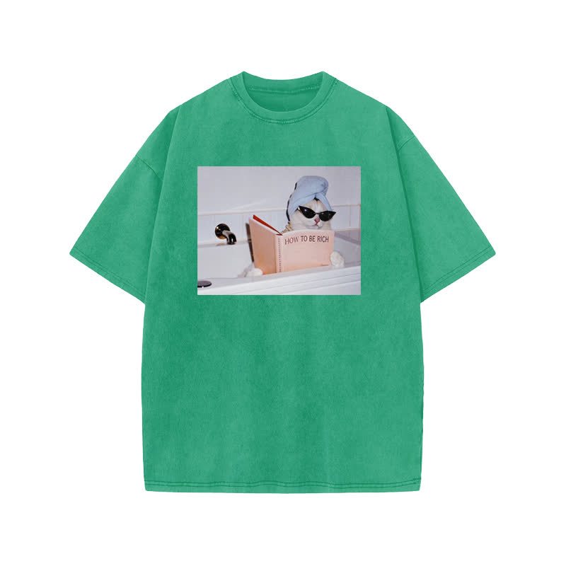 Unisex 100% Cotton How To Be Rich Print Acid Washed T-shirt - Green - US20-22(3XL) - image 6
