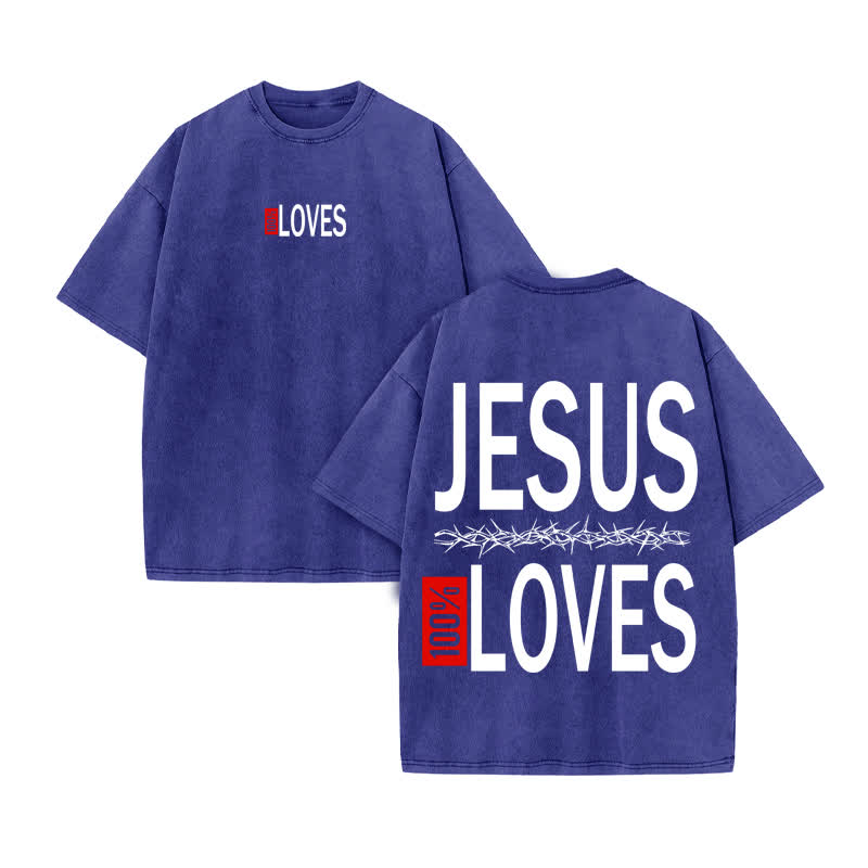 Unisex 100% Cotton Jesus 100% Loves Print Acid Washed T-shirt - Blue - US20-22(3XL) - image 10