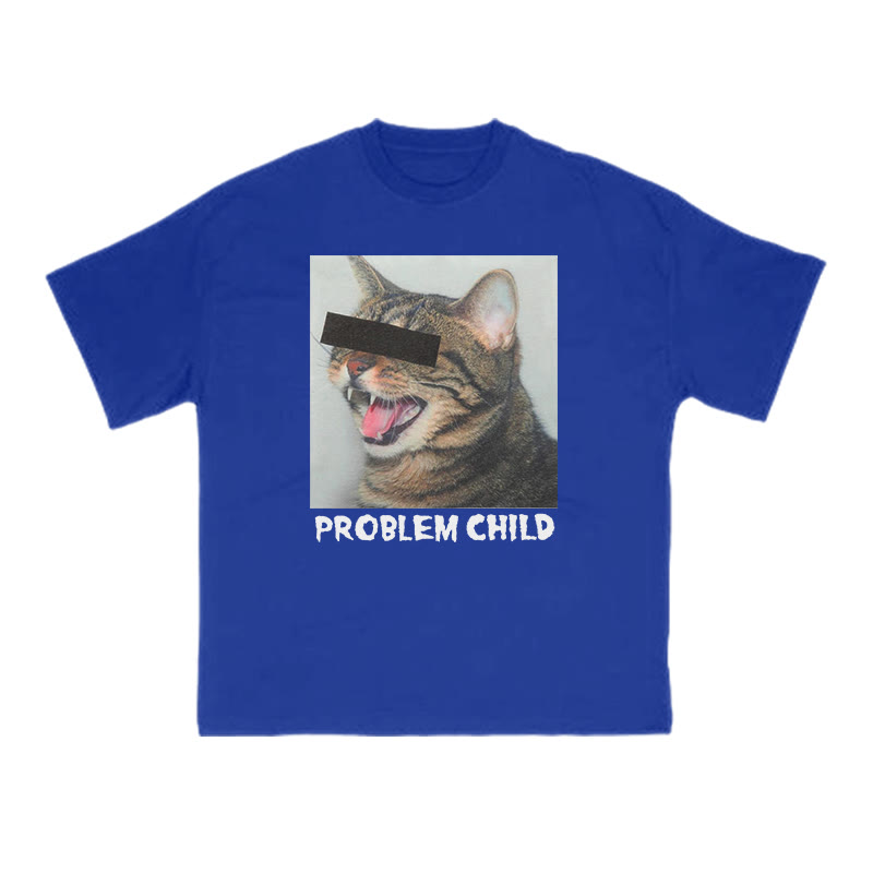 Unisex 100% Cotton Problem Child Cat Print T-shirt - Blue - US16-18(2XL) - image 10