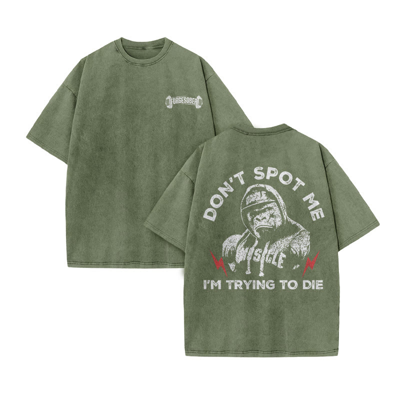 100% Cotton Don't Spot Me Gym Print Acid Washed T-shirt - Army Green - US20-22(3XL) - image 8