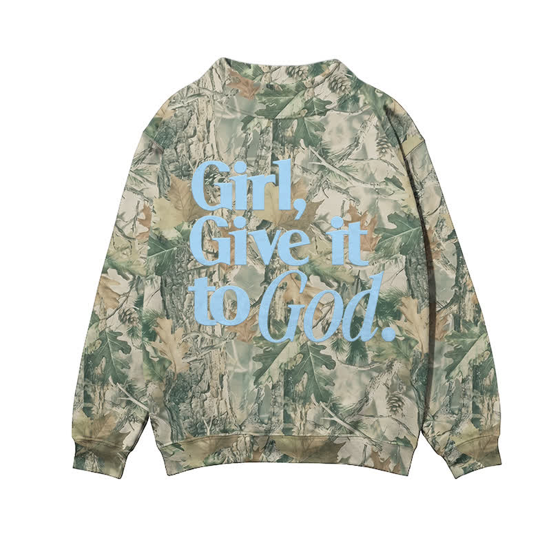 Casual Camo Girl Give It to God Mock Neck Print Sweatshirt - Green - 3XL - image 3