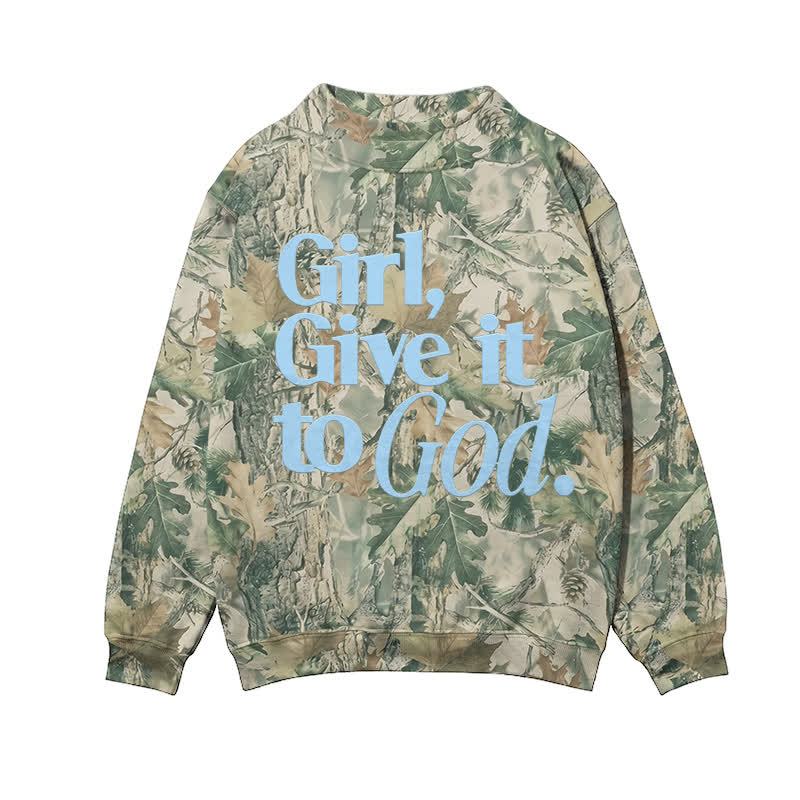 Casual Camo Girl Give It to God Mock Neck Print Sweatshirt - Green - 3XL - image 3