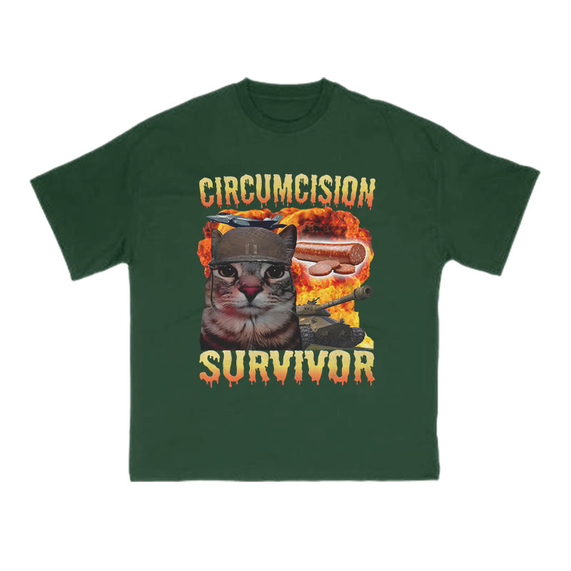 Unisex 100% Cotton Circumcision Survivor Meme Cat Print T-shirt - Dark Green - US16-18(2XL) - image 9