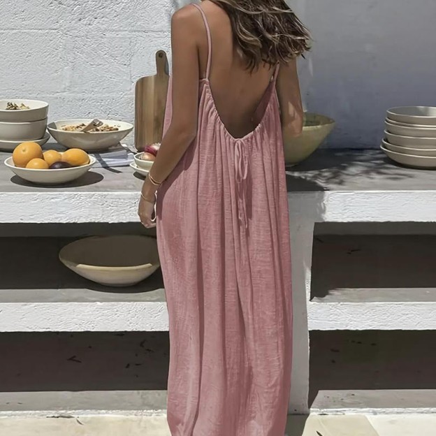 Loose Solid Color Adjustable Tie Strap Vacation Dress - Pink - 5XL - image 5