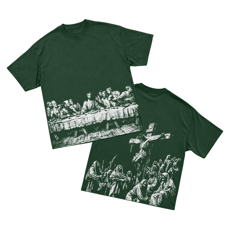 Vintage Artful Ink Wash Style Character Illustration Graphic T-shirt - Green - US16-18(2XL) - image 13