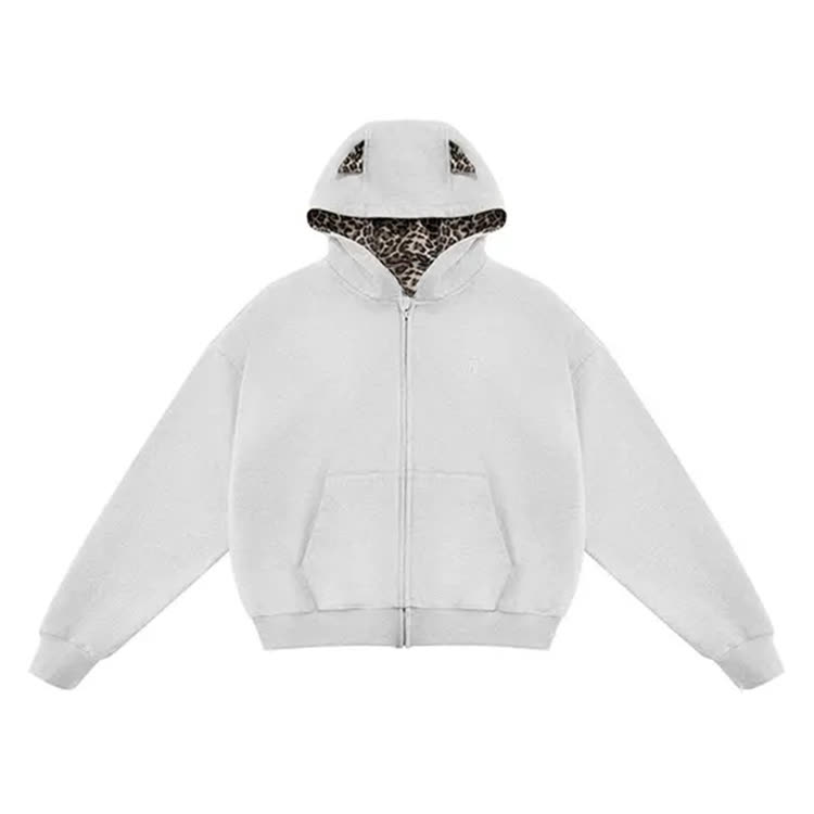 Women's Retro Leopard Print Zip-up Hoodie - White - XL - image 7