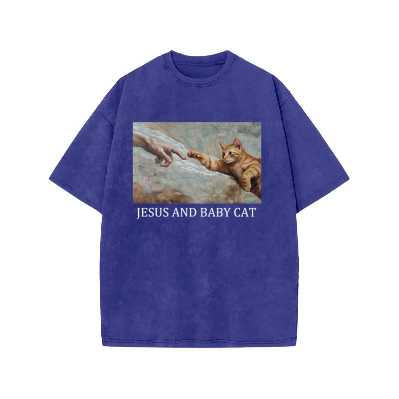 Unisex 100% Cotton Jesus And Baby Cat Print Acid Washed T-shirt - Blue - US20-22(3XL) - image 8