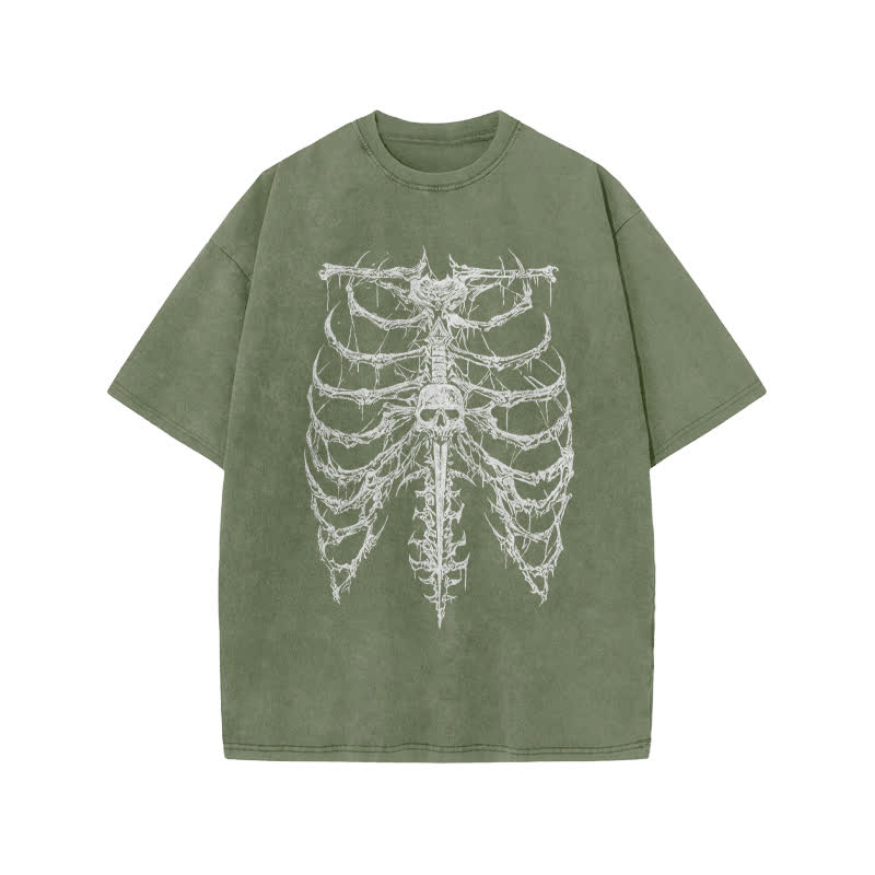 Unisex Exoskeleton Illustration Design Print Acid Washed T-shirt - Army Green - US20-22(3XL) - image 5