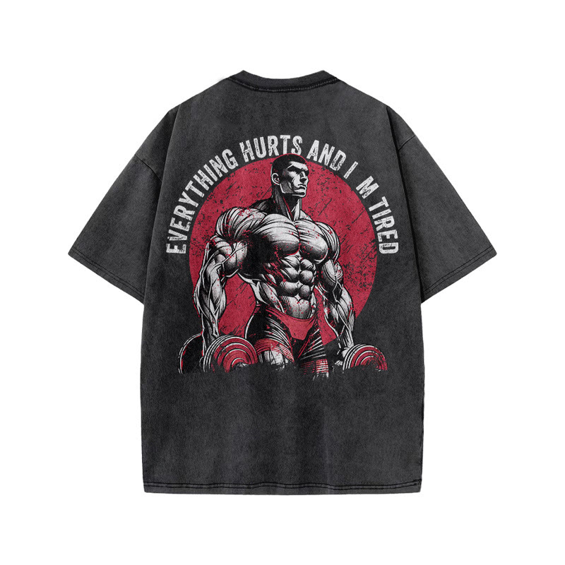 Gym 100% Cotton Everything Hurts And I'm Tired Print Acid Washed T-shirt - image 3