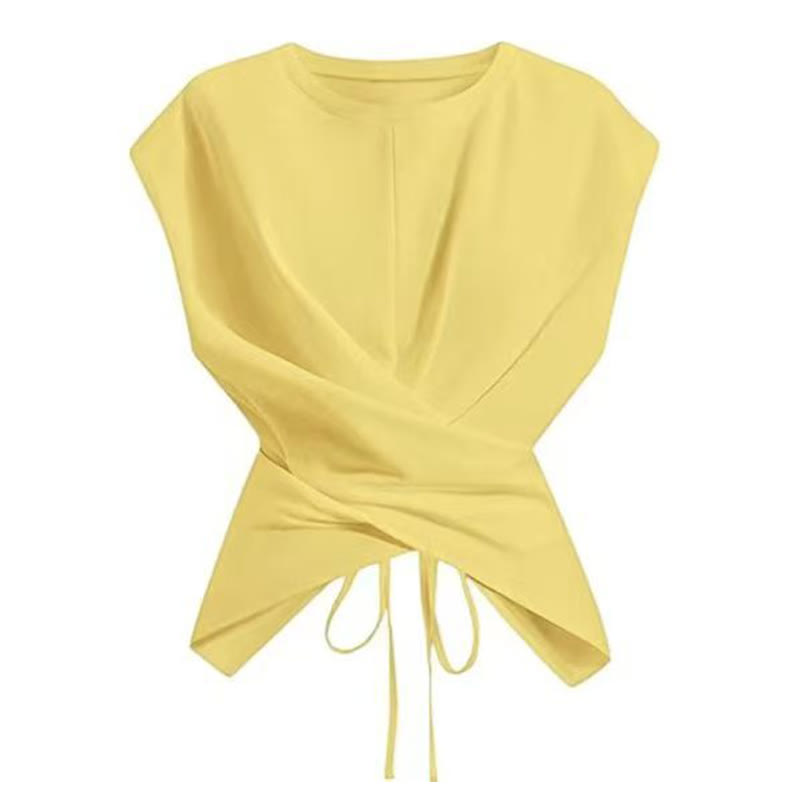Solid Color Lace-up Sleeveless T-shirt - Yellow - US24-26(3XL) - image 4