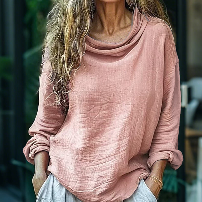 Women's Casual Loose Solid Color Pile Collar Long Sleeve Top - Pink - 3XL - image 4