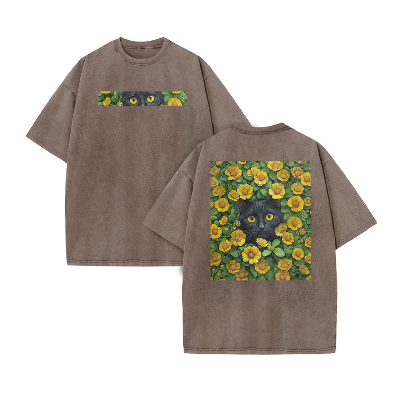 A Black Cat In A Field Of Yellow Flowers Print Acid Washed T-shirt - Coffee - US20-22(3XL) - image 5
