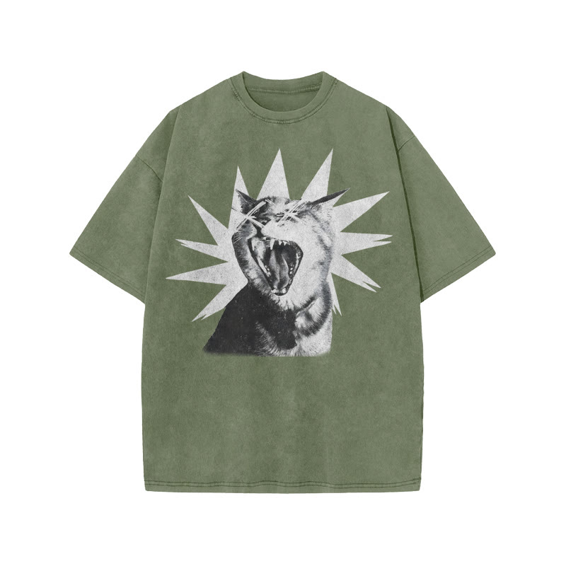 Unisex 100% Cotton Shout Cat Print Acid Washed T-shirt - Army Green - US20-22(3XL) - image 5