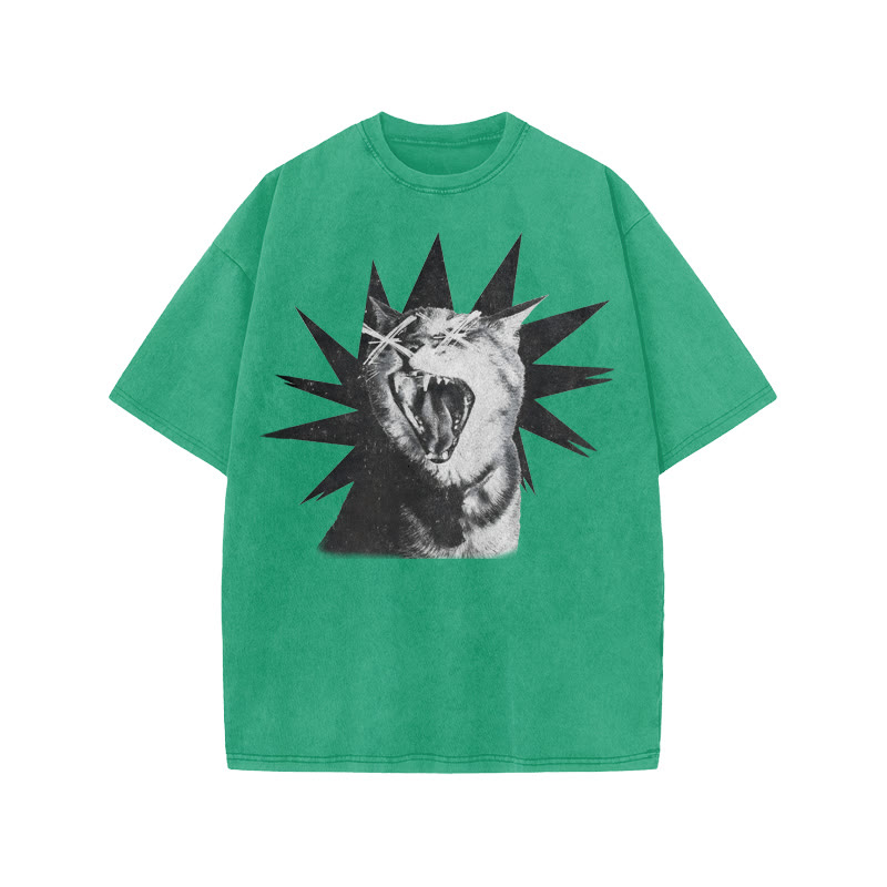 Unisex 100% Cotton Shout Cat Print Acid Washed T-shirt - Green - US20-22(3XL) - image 6