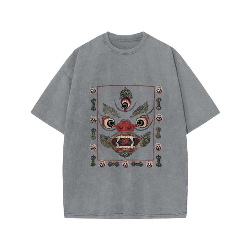 Unisex 100% Cotton Tibetan Mahakala Japan Art Print Acid Washed T-shirt